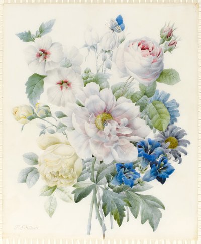 Un mazzo di fiori tra cui una peonia, rose, ibisco, astri, genziana e una farfalla blu immaginaria da Pierre Joseph Redouté
