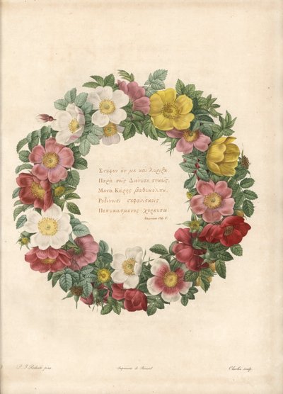 Corona di rose con un motto greco da Pierre Joseph Redouté