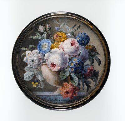 Scatola di tartaruga con un miniatura di fiori in un vaso di pietra su una lastra di marmo, 1827 da Pierre Joseph Redouté