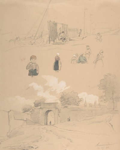 Foglio di studio con figure e paesaggi ad Arnemuiden vicino a Middelburg da Pierre Louis Dubourcq