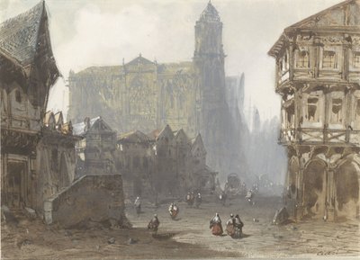 La Vecchia Piazza del Mercato a Rouen da Pierre Luc Charles Ciceri