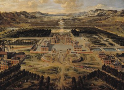 Veduta prospettica del castello, giardini e parco di Versailles visti dall