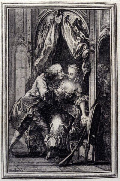 Les quiproquos - in "Contes et nouvelles en vers" di Jean La Fontaine. 1776. Illustrazione di P.P. Choffard. da Pierre Philippe Choffard