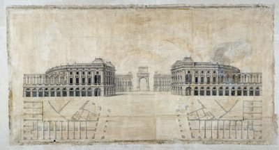 Architettura: Progetto di Place Royale per Marsiglia, prospettiva sul porto e pianta del piano 1686 da Pierre Puget