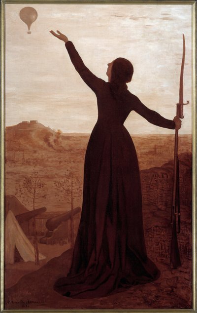 Il ballo. Iscrizione sulla cornice: “La città di Parigi investita affida al cielo il suo appello alla Francia”. Una donna che tiene una baionetta mostra un pallone nel cielo. Dipinto di Pierre Puvis De Chavannes (1824-1898) da Pierre Puvis de Chavannes