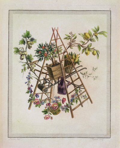 Un disegno tessile da giardino, da Oeuvre contenant un Receuil de Trophees, Attributs, Cartouches, Vases, Fleurs, Ornemens, et Plusieurs Dessins agréables pour broder des Fauteuils, inciso da Etienne C da Pierre Ranson