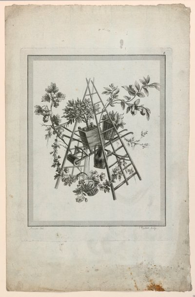 Trofeo con Strumenti di Giardinaggio, Tavola 2 da "Suite de différentes Attributs, Trophées, et Groupes de fleurs," Suite II da Pierre Ranson