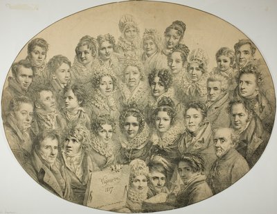 Ritratti di 31 persone in un ovale da Pierre Roch Vigneron