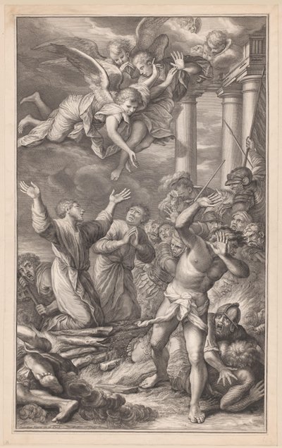 Cosma e Damiano sul rogo, circondati da soldati e angeli da Pierre Simon (I)