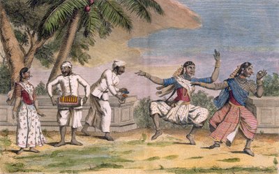 Una troupe di bayadere, o ballerine indiane, con musicisti maschi, illustrazione da 