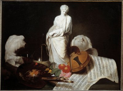 Gli attributi delle Arti: tavolozza del pittore, violino, spartiti, scultura. Dipinto di Pierre Subleyras da Pierre Subleyras