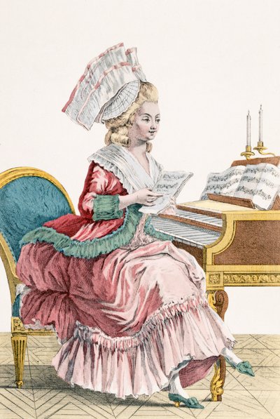 Giovane Donna che Studia Musica al suo Clavicembalo, inciso da J. Pelicier, tavola 149 da 
