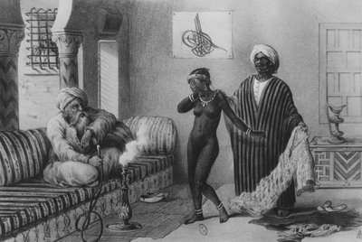 Una giovane ragazza di Timbuktu offerta da un padrone di schiavi a Tripoli nel 1854, da "Voyages au Soudan et dans L