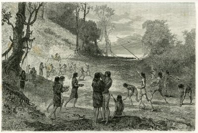 Giochi di giavellotto tra 2 tribù di Zaparros, gli uomini praticano e le donne cavalcano intorno ai giocatori senza paura e li servono bevande. Incisione di Vignal, per illustrare la storia "Amazzonia e Cordigliere" da Pierre Vignal