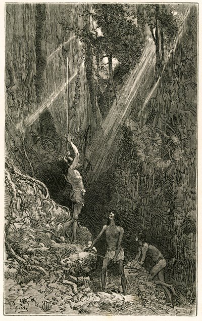 Indiani Suno, dalle rive del fiume Napo (Amazzonia), caccia con cerbottana. Incisione di Vignal, per illustrare la storia "Amazzonia e Cordigliere" da Pierre Vignal