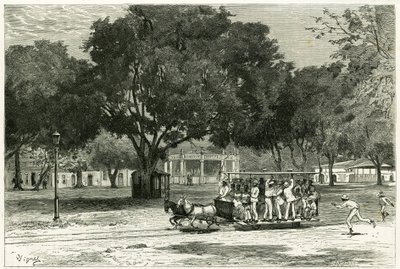 Tram, trainato da cavalli, nel porto di Para (Brasile), sul largo di Nazareth. Incisione di Vignal, per illustrare la storia 