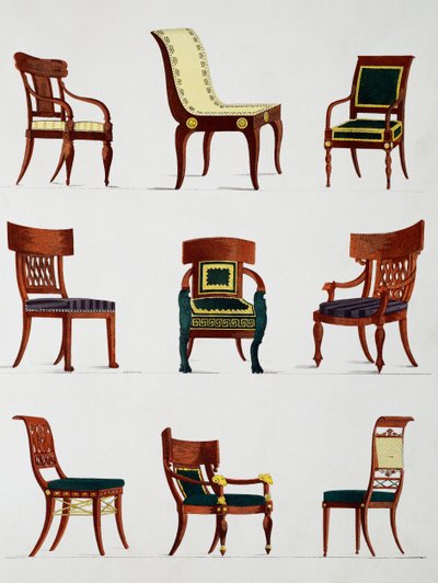 Poltrone e sedie, epoca del Consolato, Illustrazione da Collection de meubles et objects de gout da Pierre de La Mesangere