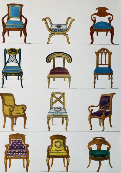 Poltrone, sedie e poggiapiedi, Illustrazione da Collection de meubles et objects de gout da Pierre de La Mesangere