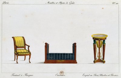 Poltrona con braccioli, divanetto e tavolo a treppiede, tavola 211, illustrazione da Collection de meubles et objets de goût da Pierre de La Mesangere