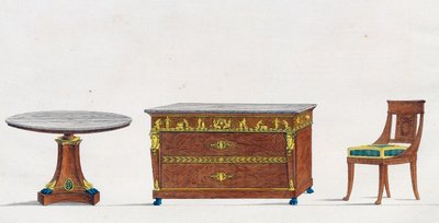 Tavolo in mogano, cassettone e sedia, tavola 241, illustrazione da Collection de meubles et objects de gout da Pierre de La Mesangere