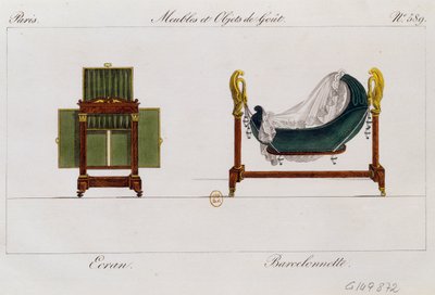 Paravento e culla a dondolo, tavola 589, illustrazione da Collection de meubles et objets de goût da Pierre de La Mesangere
