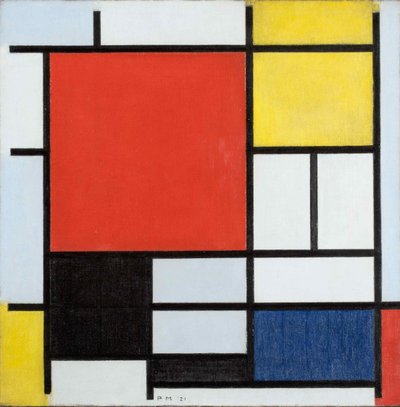 Composizione con grande piano rosso, giallo, nero, grigio e blu, 1921 da Piet Mondrian