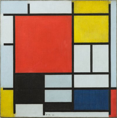 Composizione con grande piano rosso, giallo, nero, grigio e blu, 1921 da Piet Mondrian