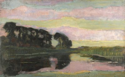 Paesaggio fluviale con cielo rosa e giallo-verde da Piet Mondrian