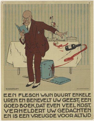 Uomo che legge urta accidentalmente una bottiglia e un bicchiere di vino dal tavolo da Piet van der Hem