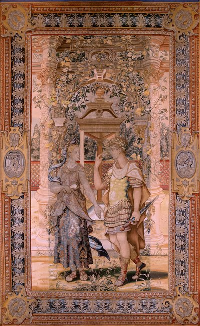 Arazzo fiammingo. Serie Vertumno e Pomona. Vertumno trasformato in guerriero. Quarto arazzo della serie. Modello Circolo di Pieter Coecke van Aelst. Manifattura Wilhelm Pannemaker, Bruxelles. Ca1545-1550. Tessuto Oro, argento, seta e lana. da Pieter (circle of) Coecke van Aelst