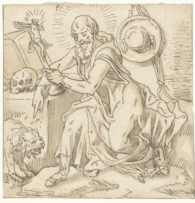 San Girolamo seduto vicino a un crocifisso, libro e teschio da Pieter Aertsen (workshop of)