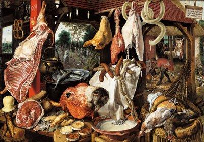 Bancarella del macellaio con la fuga in Egitto da Pieter Aertsen