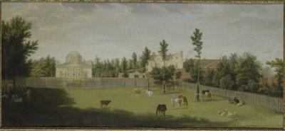 Vista della nuova villa, vecchia casa e stalle da Burlington Lane, Chiswick Villa da Pieter Andreas Rysbrack