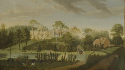 Vista della terrazza che attraversa il canale verso il lato della villa, Chiswick Villa da Pieter Andreas Rysbrack