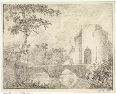 Castello con ponte in un paesaggio da Pieter Bartholomeusz. Barbiers