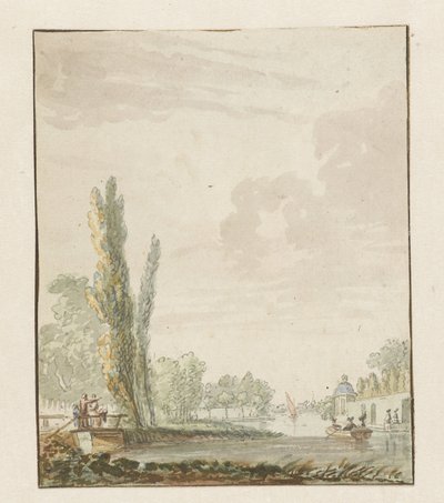 Vista lungo un fiume con un padiglione da tè a destra da Pieter Bartholomeusz. Barbiers