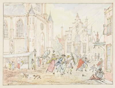 Piazza con persone sotto la pioggia da Pieter Bartholomeusz. Barbiers
