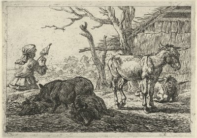 Donna che fila, maiali e asini da Pieter Bodding van Laer