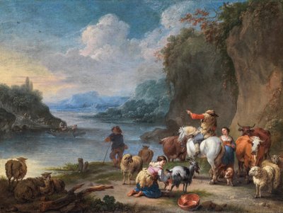I mandriani e la loro mandria si riposano accanto a un fiume da Pieter Bout