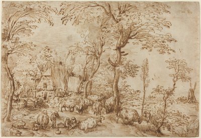 Contadini e bestiame vicino a una fattoria da Pieter Bruegel the Elder
