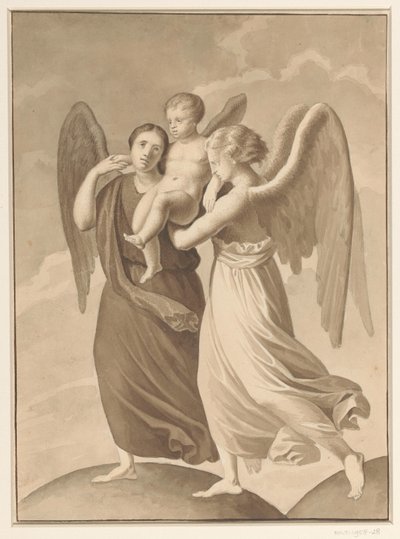 Due angeli portano un bambino attraverso la separazione di due mondi rappresentati come sfere da Pieter Christoffel Wonder