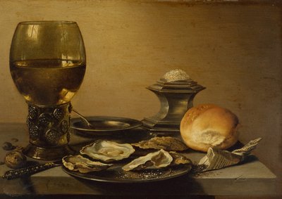Una natura morta per colazione con ostriche, pane salato e noci da Pieter Claesz