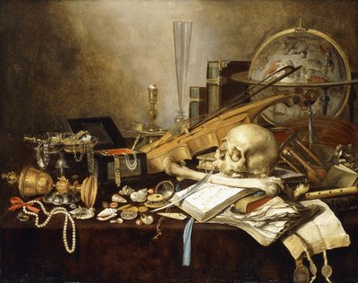 Una natura morta di vanitas con strumenti musicali e manoscritti, un calice dorato rovesciato, un cofanetto di gioielli, un candelabro, un globo astrologico, una collana di perle, gioielli, conchiglie, un teschio e un femore e una clessidra su un tavolo dr da Pieter Claesz