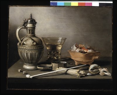 Natura morta con brocca di gres, Berkemeyer e utensili per fumare da Pieter Claesz