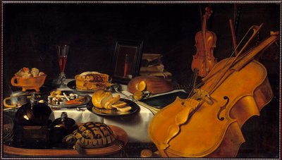Natura morta con strumenti musicali Una tartaruga, una torta, un bicchiere di vino, pane da Pieter Claesz