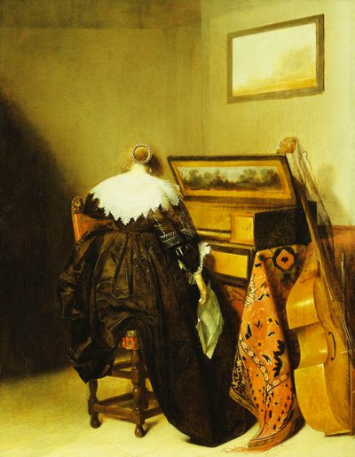 Una signora seduta vista da dietro davanti a un virginale da Pieter Codde