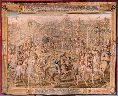 Arazzo fiammingo. Serie La conquista di Tunisi; Revisione delle truppe a Barcellona. Secondo arazzo della serie. Modello Jan Vermeyen e Pieter Coecke van Aelst. 1543-1548. Manifattura Real Fábrica de Tapices de Sant da Pieter Coecke van Aelst