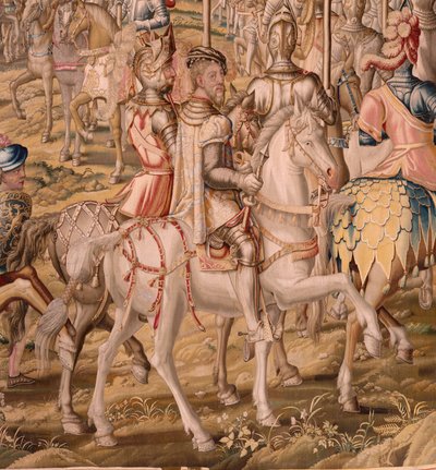 Arazzo fiammingo. Serie La Conquista di Tunisi; Revisione delle truppe a Barcellona. Secondo arazzo della serie. Modello Jan Vermeyen e Pieter Coecke van Aelst. 1543-1548. Manifattura Real Fábrica de Tapices de Sant da Pieter Coecke van Aelst