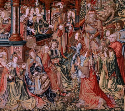 Arazzo fiammingo. Serie Gli Onori. Virtù. Ottavo arazzo della serie. Modellisti del circolo di Bernard van Orley e Jan Gossaert (Mabuse). Manifattura Pieter van Aelst, Bruxelles. Ca 1550. Tessuto oro, argento, seta da Pieter Coecke van Aelst