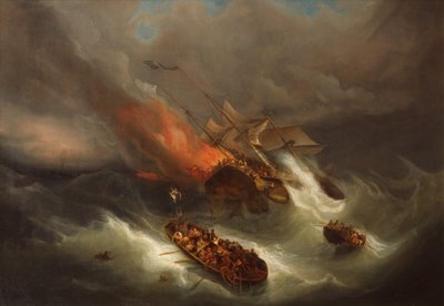 Distruzione totale della nave mercantile Kent a causa di un incendio (olio su tela) da Pieter Cornelis Dommerson
